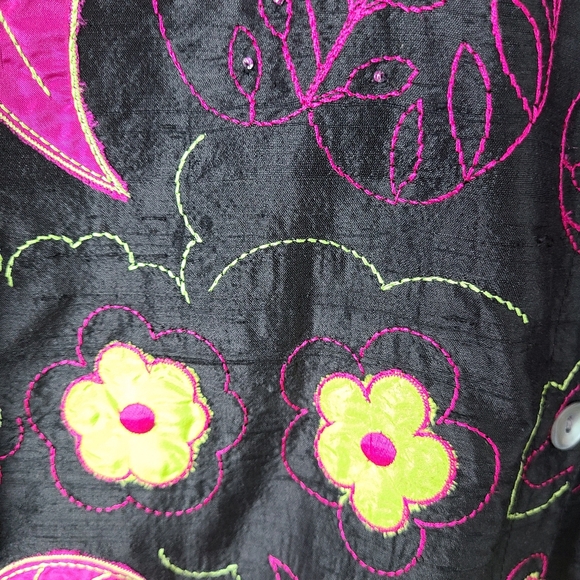 Blue Bayou Black Floral Embroidered Beaded Silk Art To Wear Boho Jacket - Picture 8 of 13